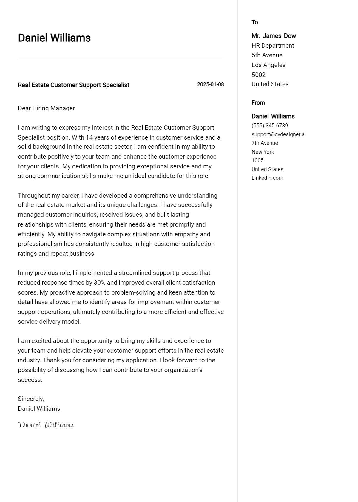 real estate customer support specialist cover letter example