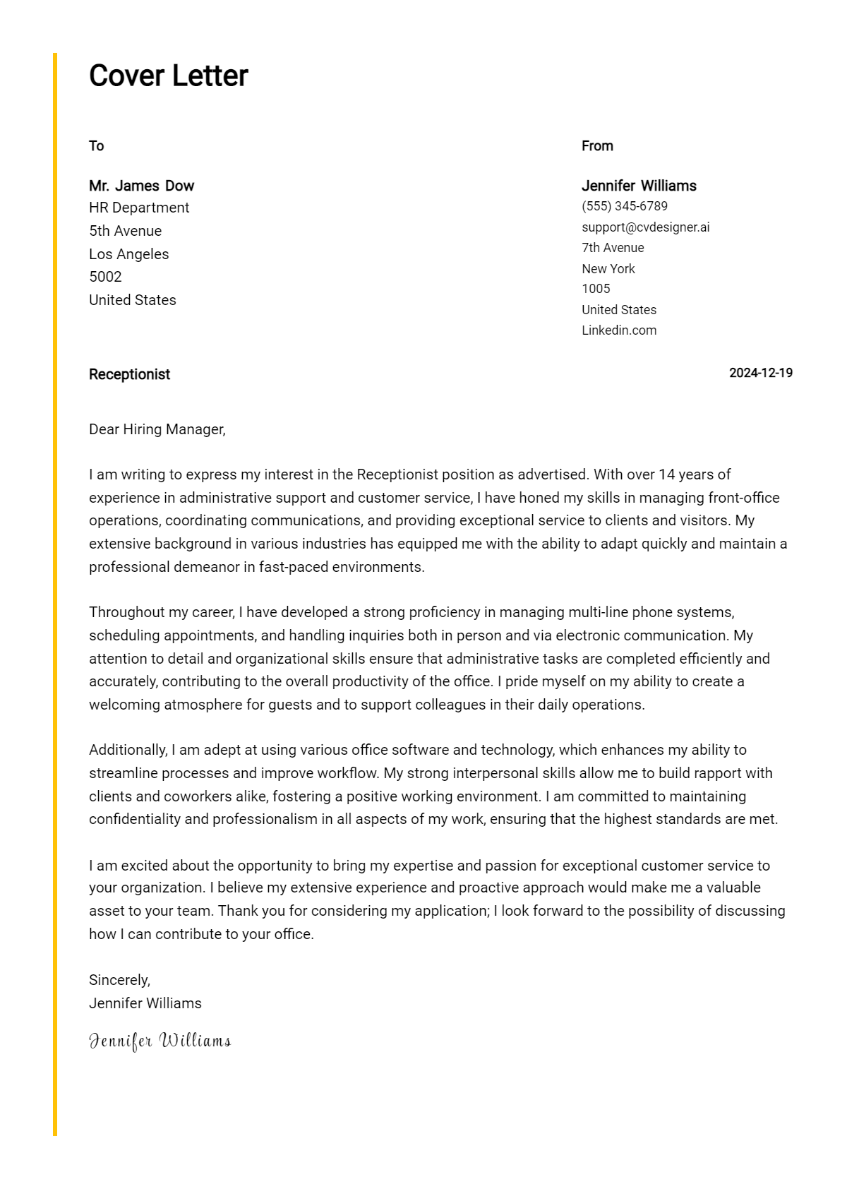 receptionist cover letter example