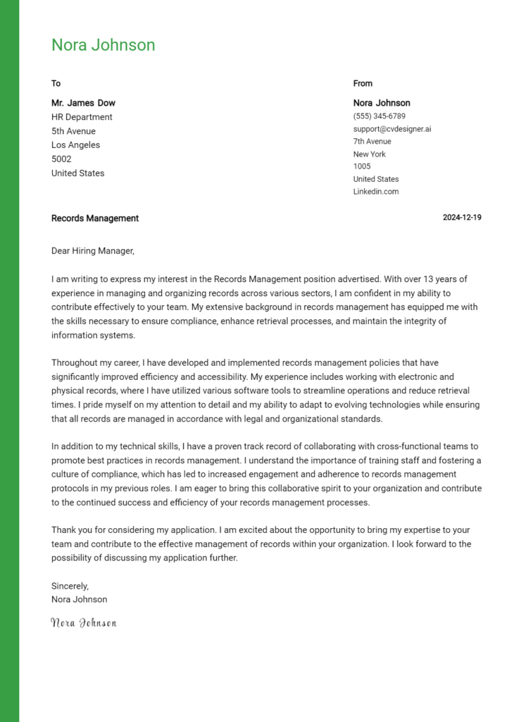 records management cover letter example