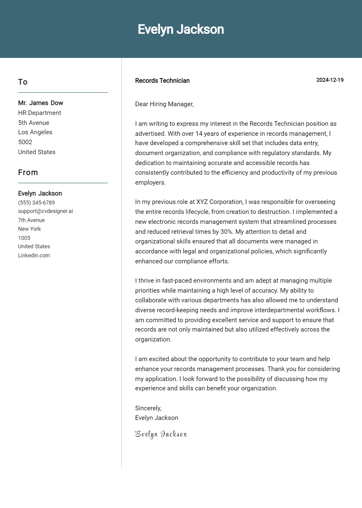 records technician cover letter example