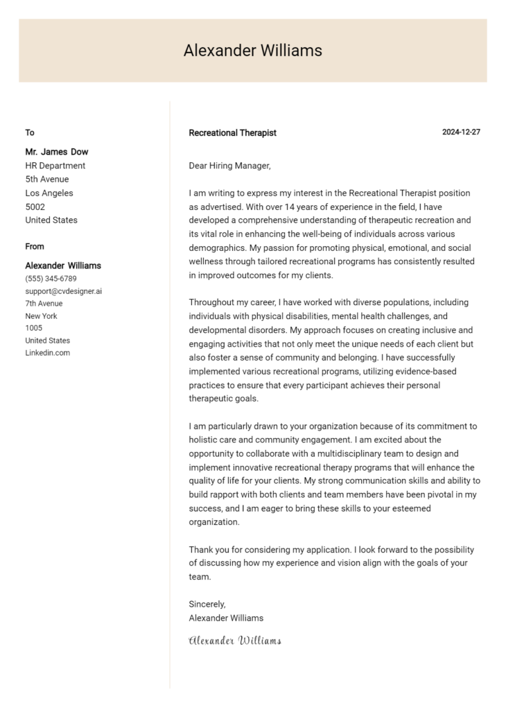 recreational therapist cover letter example