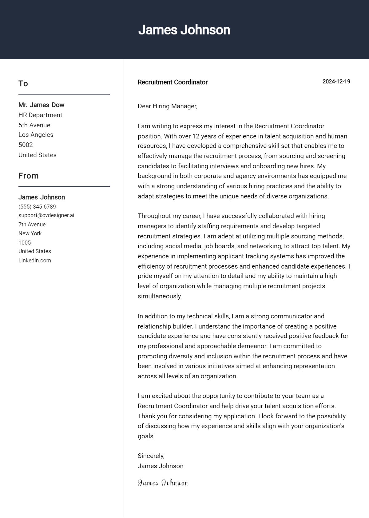 recruitment coordinator cover letter example