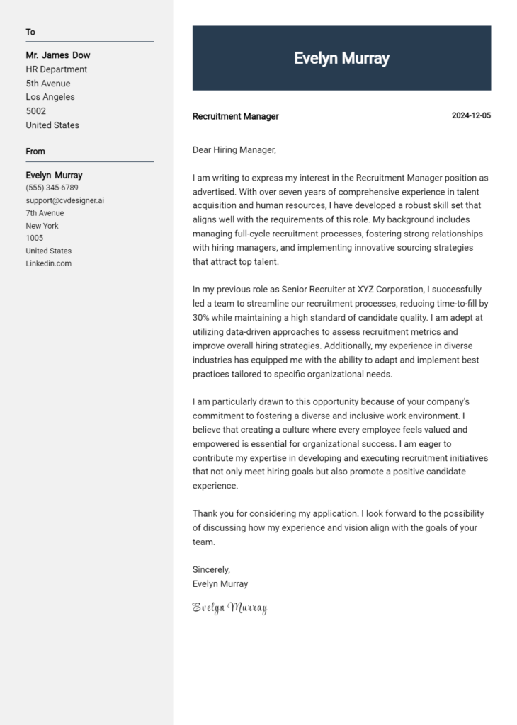 recruitment manager cover letter example