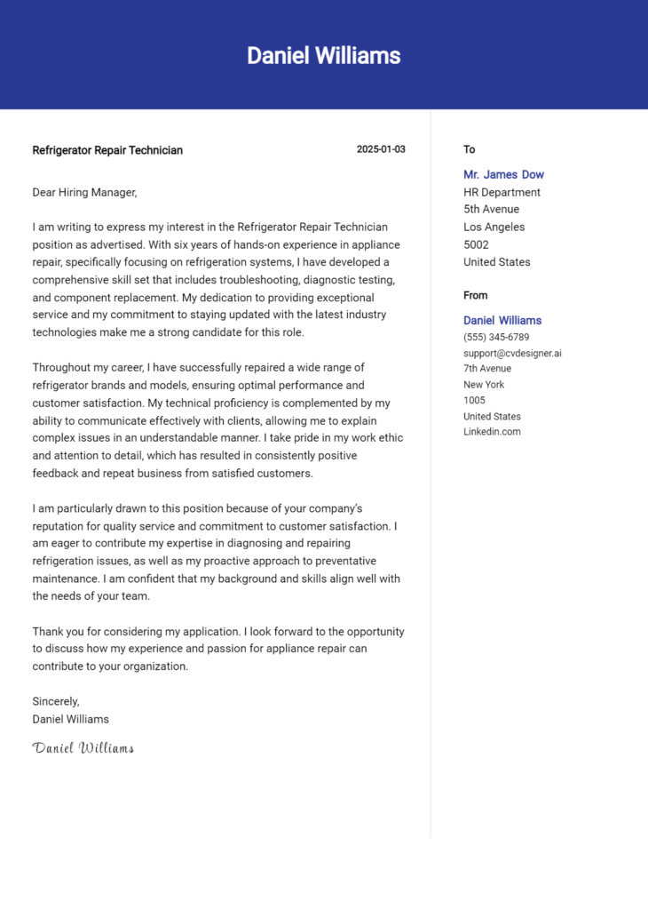 refrigerator repair technician cover letter example