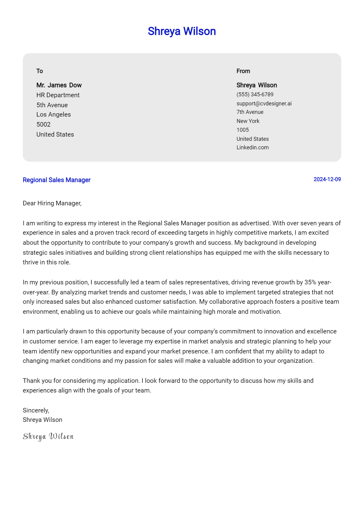 regional sales manager cover letter example