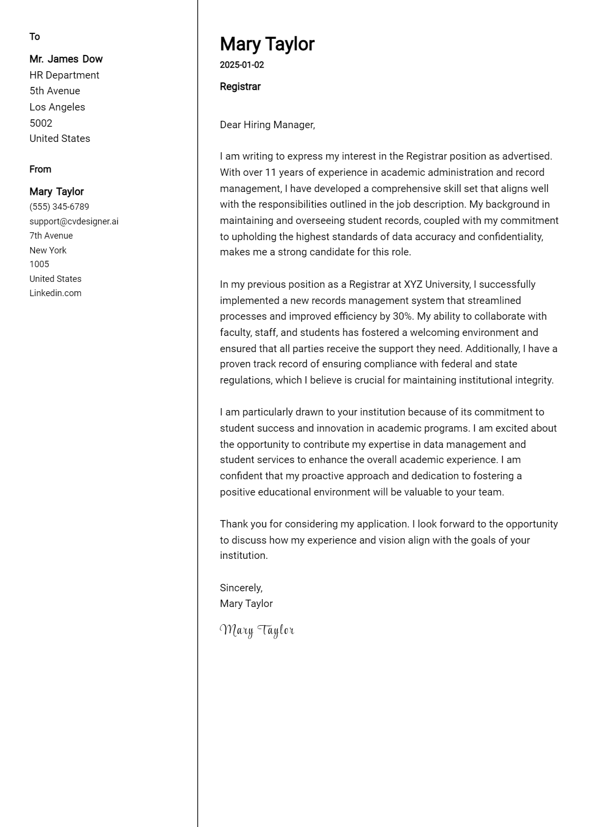 registrar cover letter example