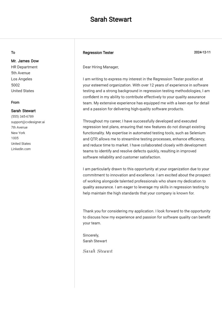 regression tester cover letter example