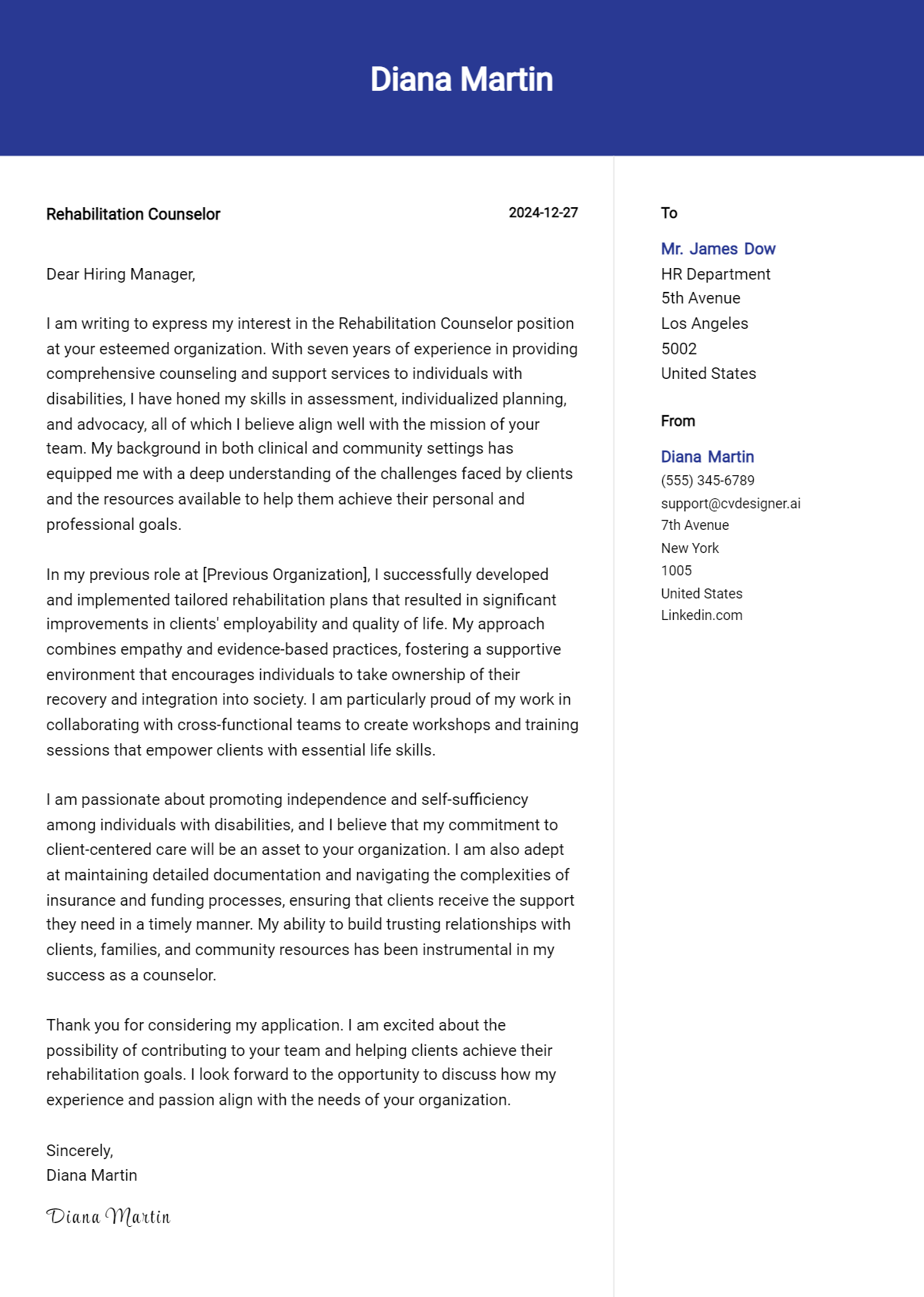 rehabilitation counselor cover letter example