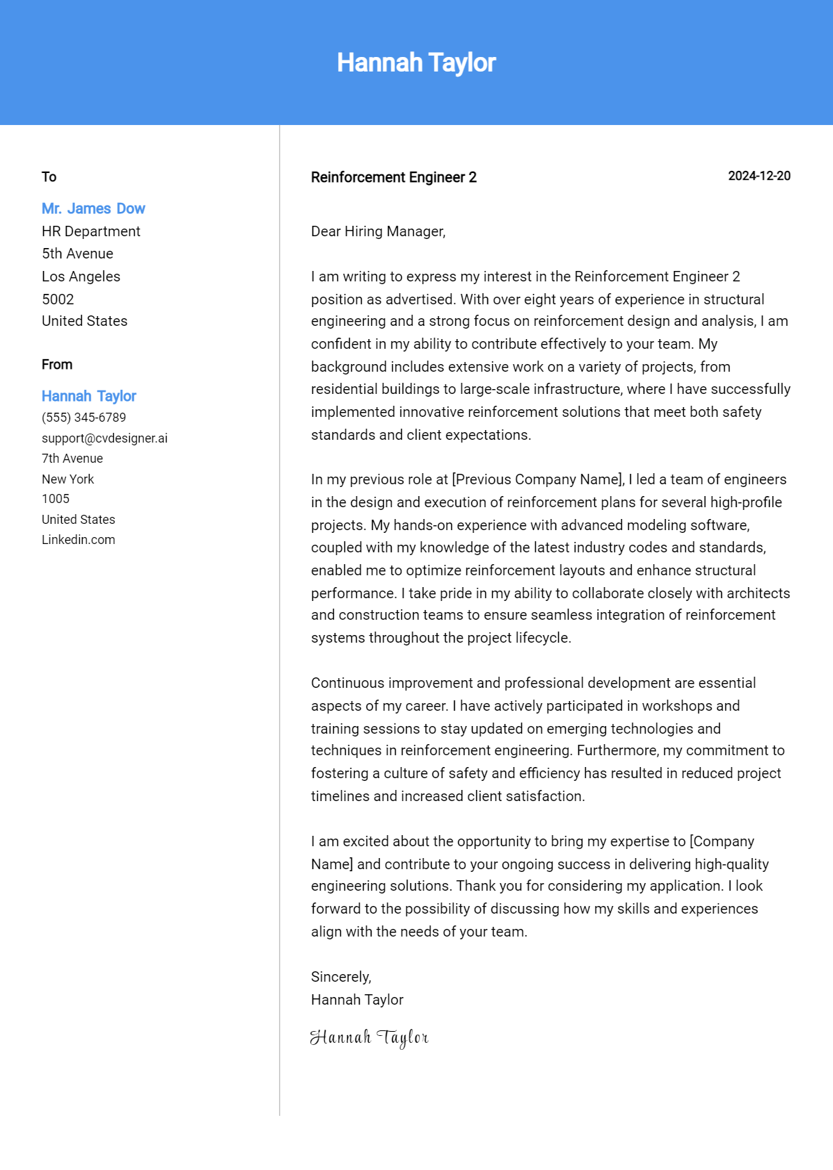 reinforcement engineer 2 cover letter example