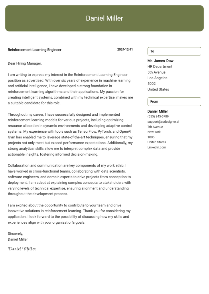 reinforcement learning engineer cover letter example