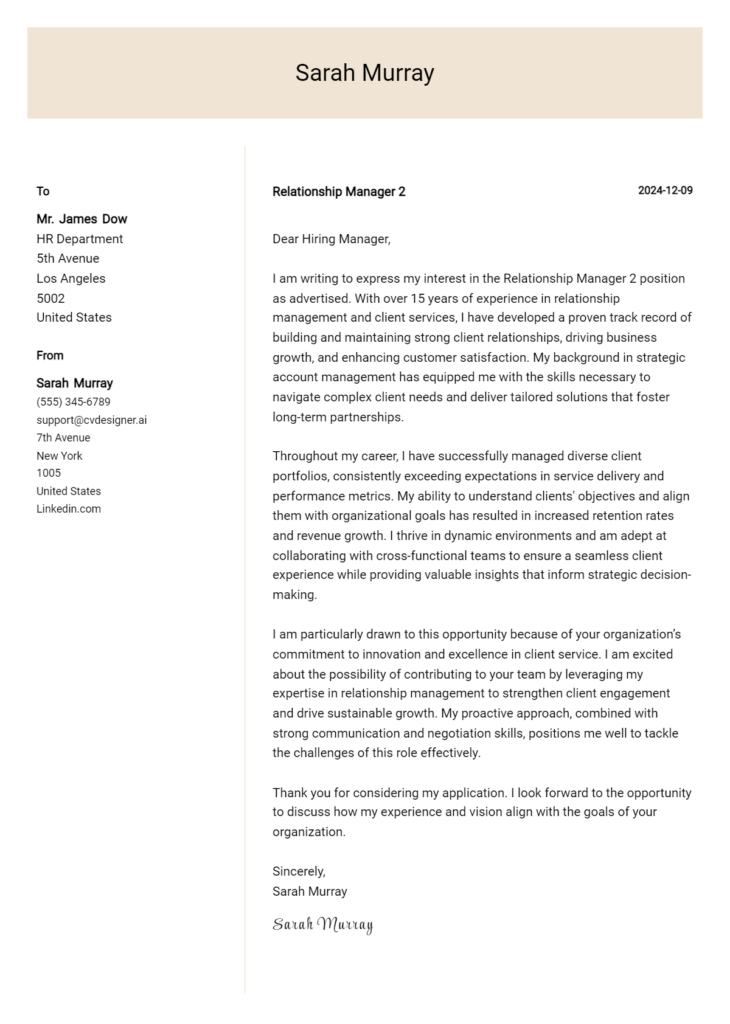 relationship manager 2 cover letter example