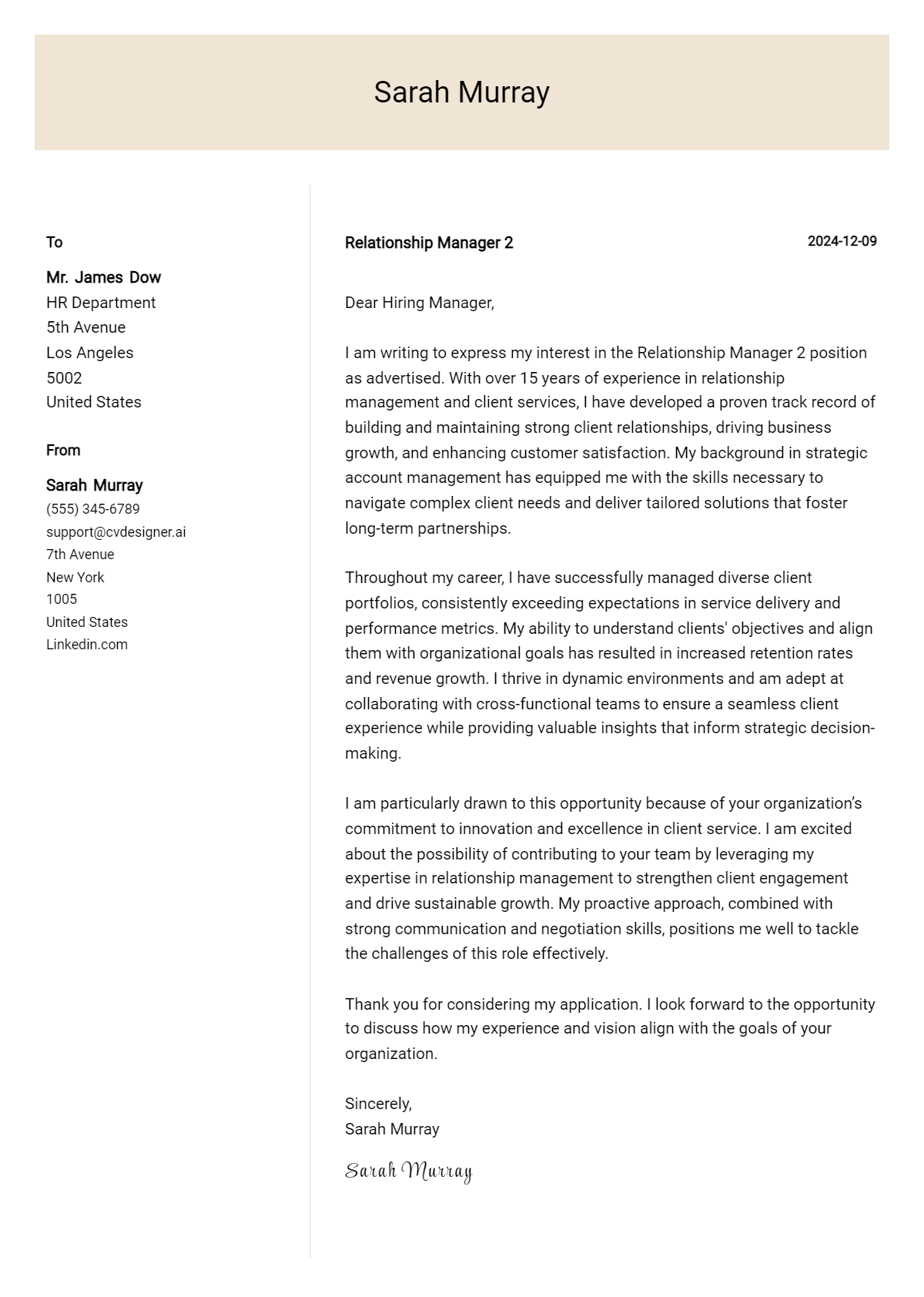 relationship manager 2 cover letter example