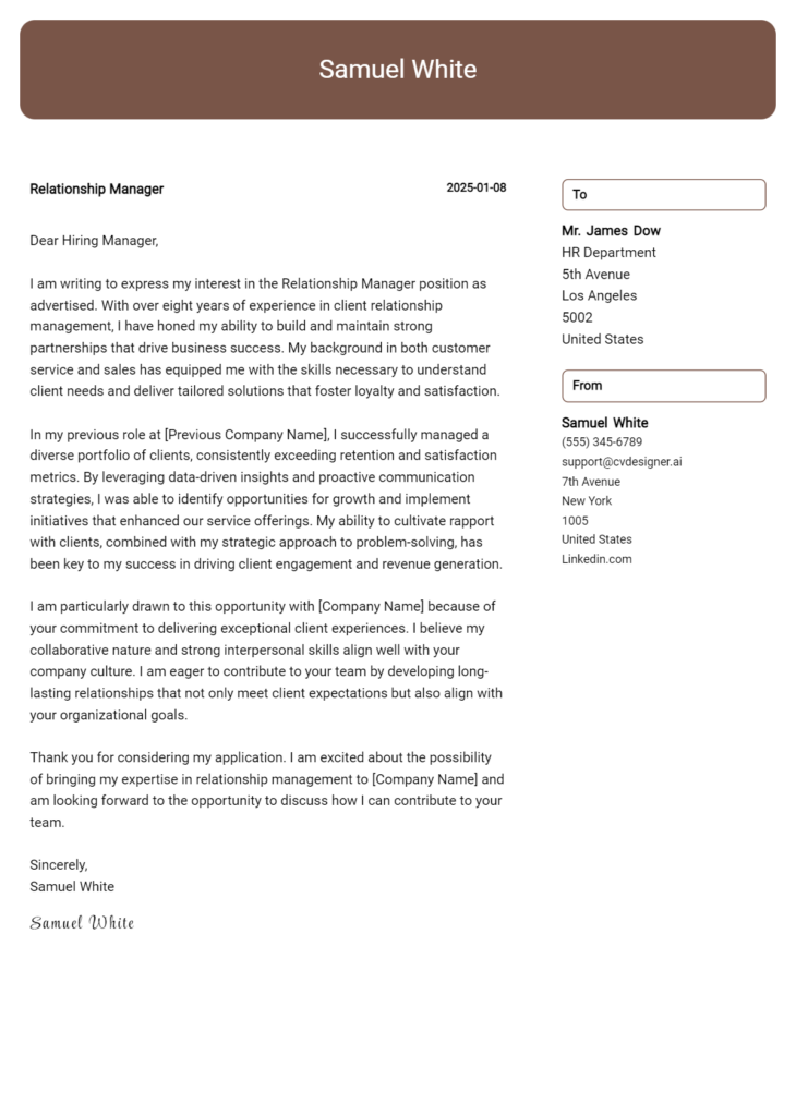 relationship manager cover letter example