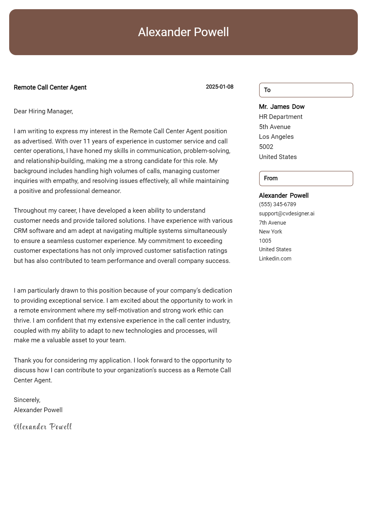 remote call center agent cover letter example