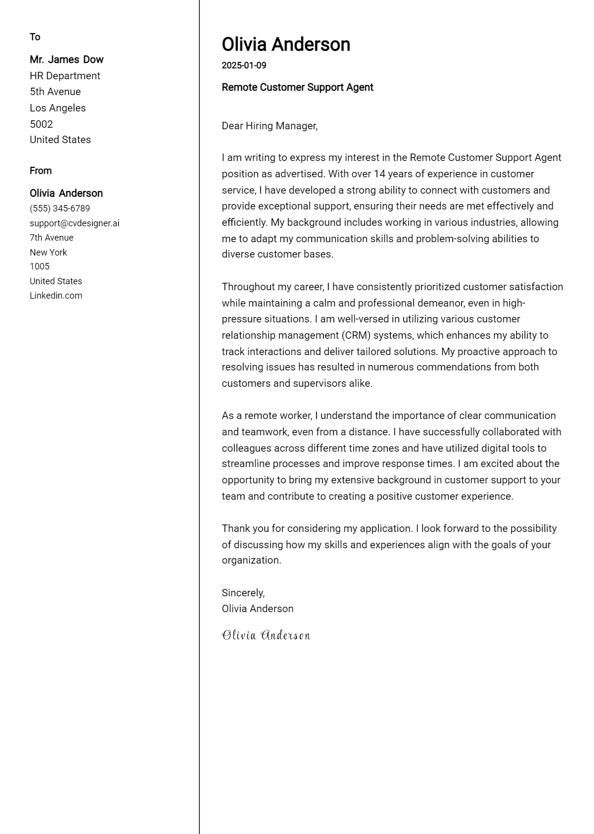 remote customer support agent cover letter example