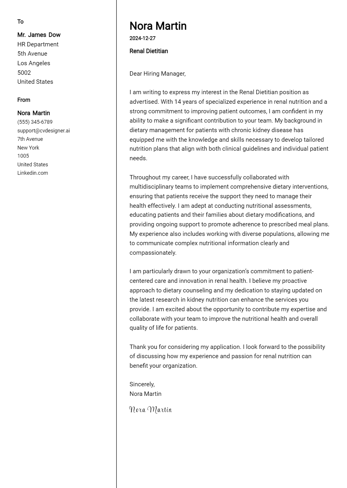 renal dietitian cover letter example