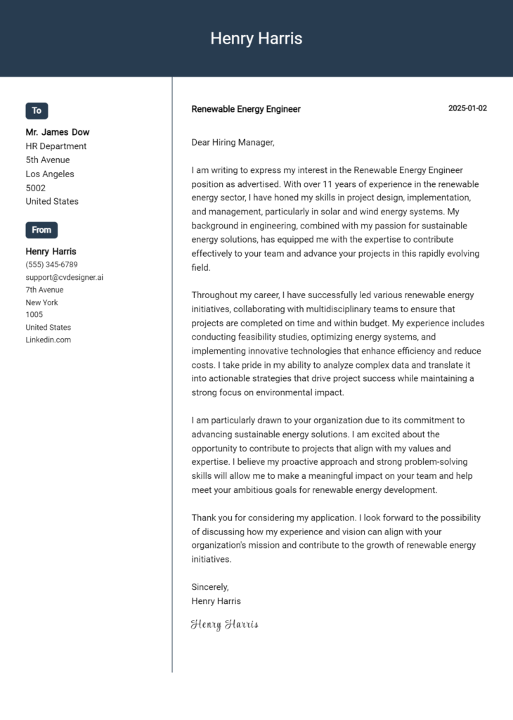 renewable energy engineer cover letter example