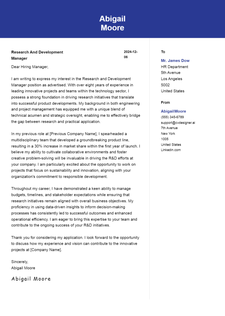 research and development manager cover letter example