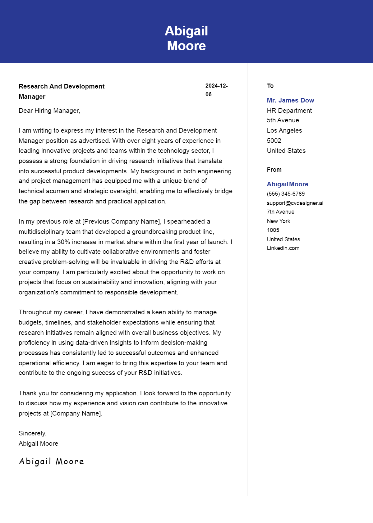 research and development manager cover letter example