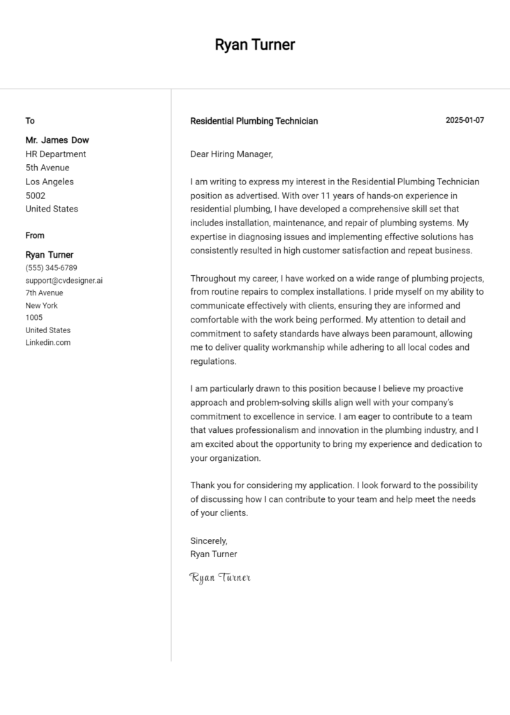 residential plumbing technician cover letter example