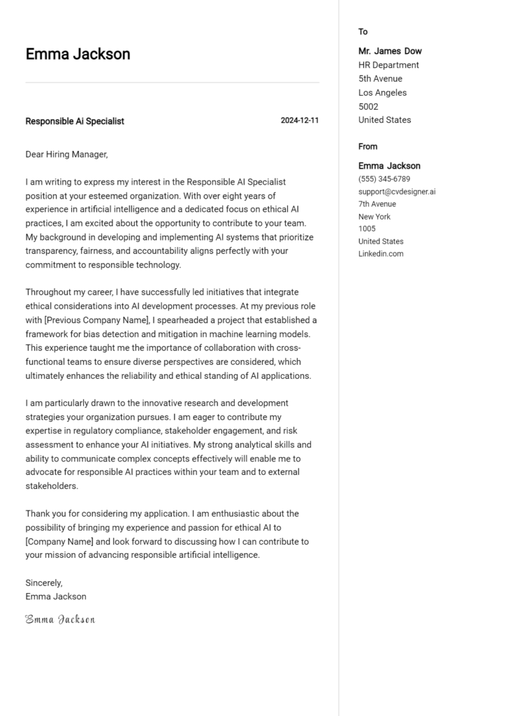 responsible ai specialist cover letter example