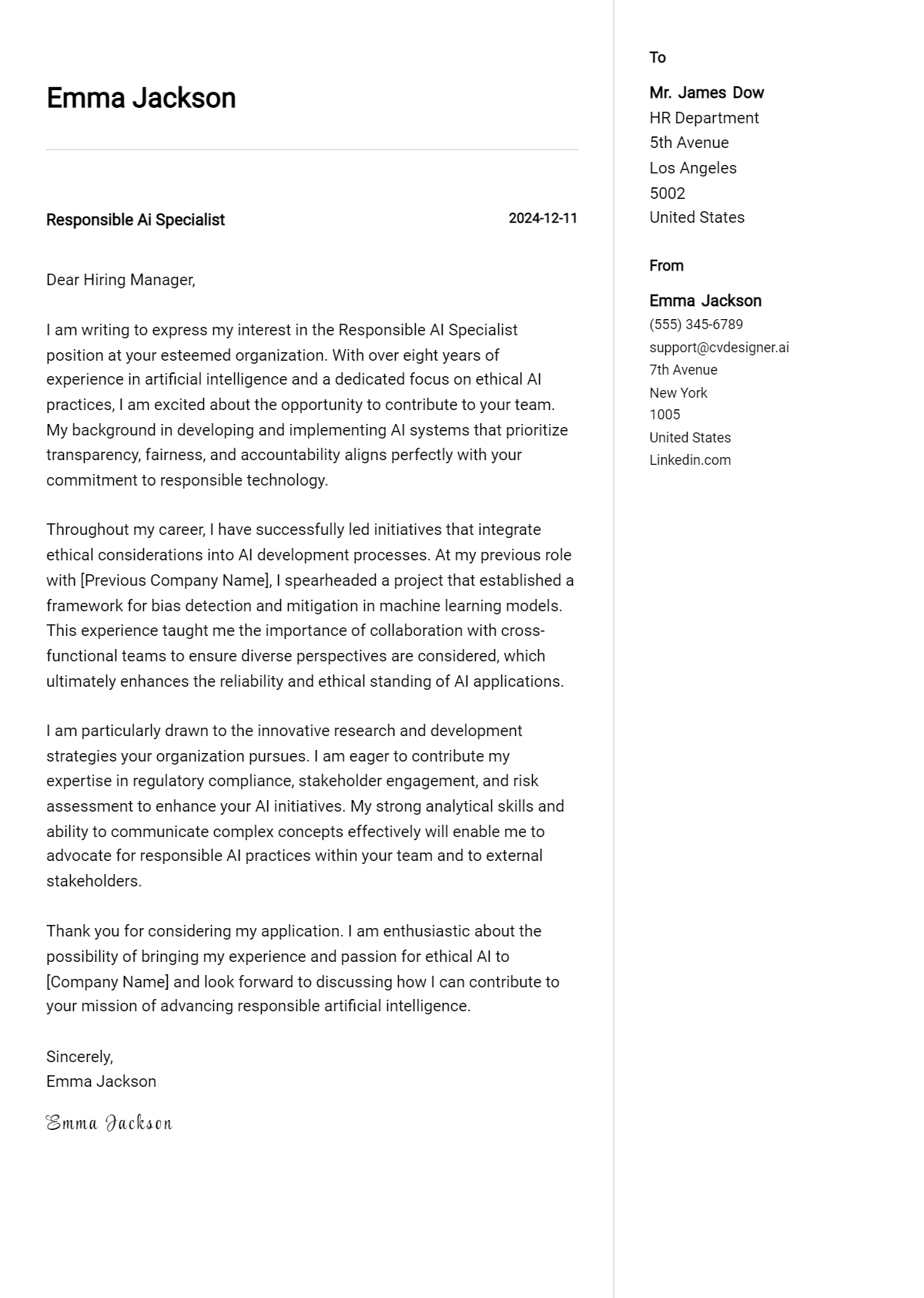 responsible ai specialist cover letter example