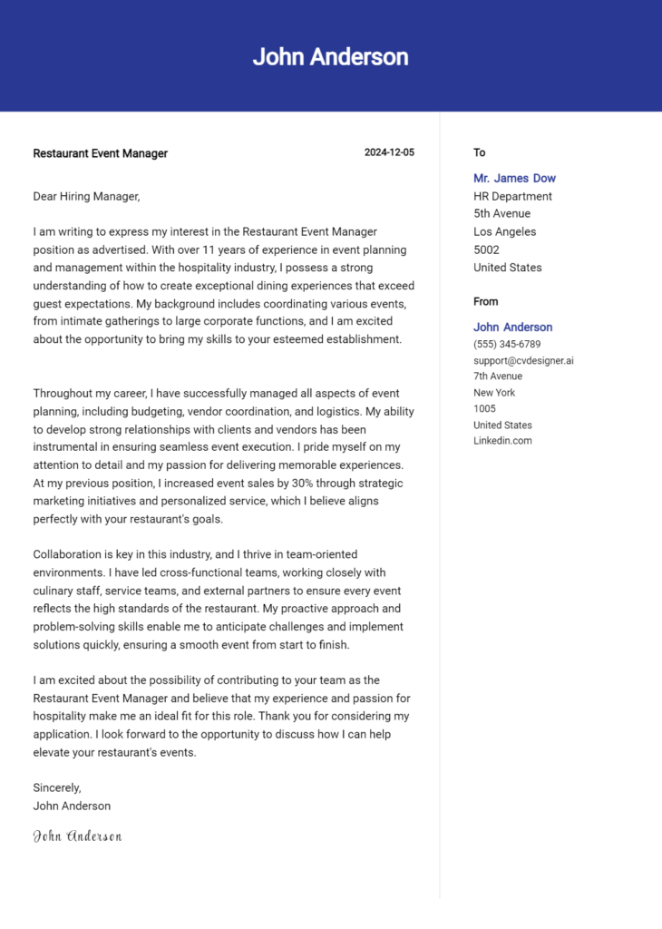 restaurant event manager cover letter example