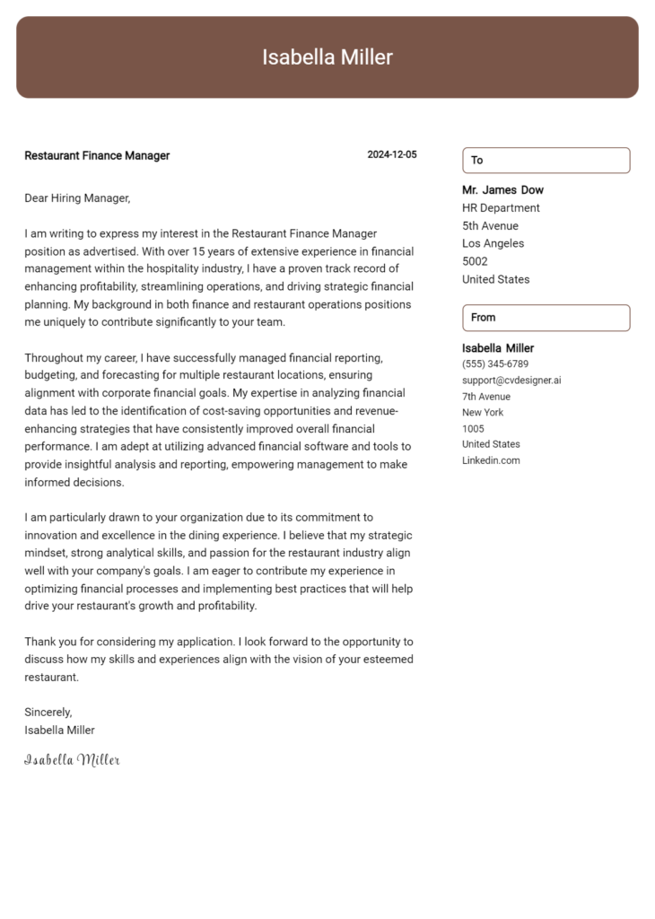 restaurant finance manager cover letter example