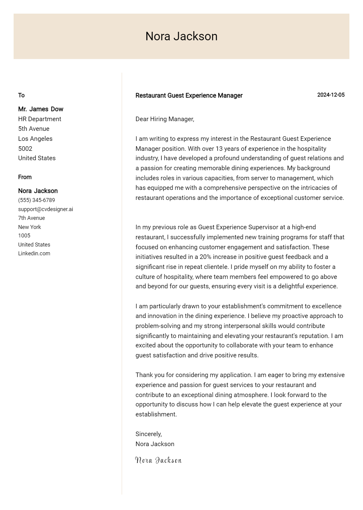 restaurant guest experience manager cover letter example