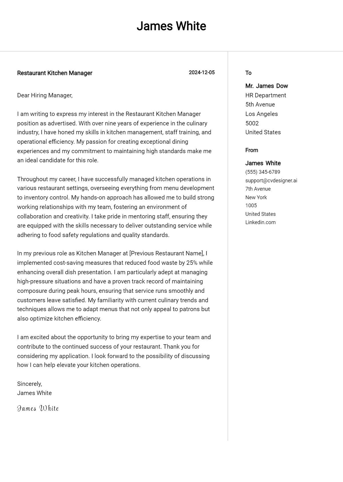 restaurant kitchen manager cover letter example