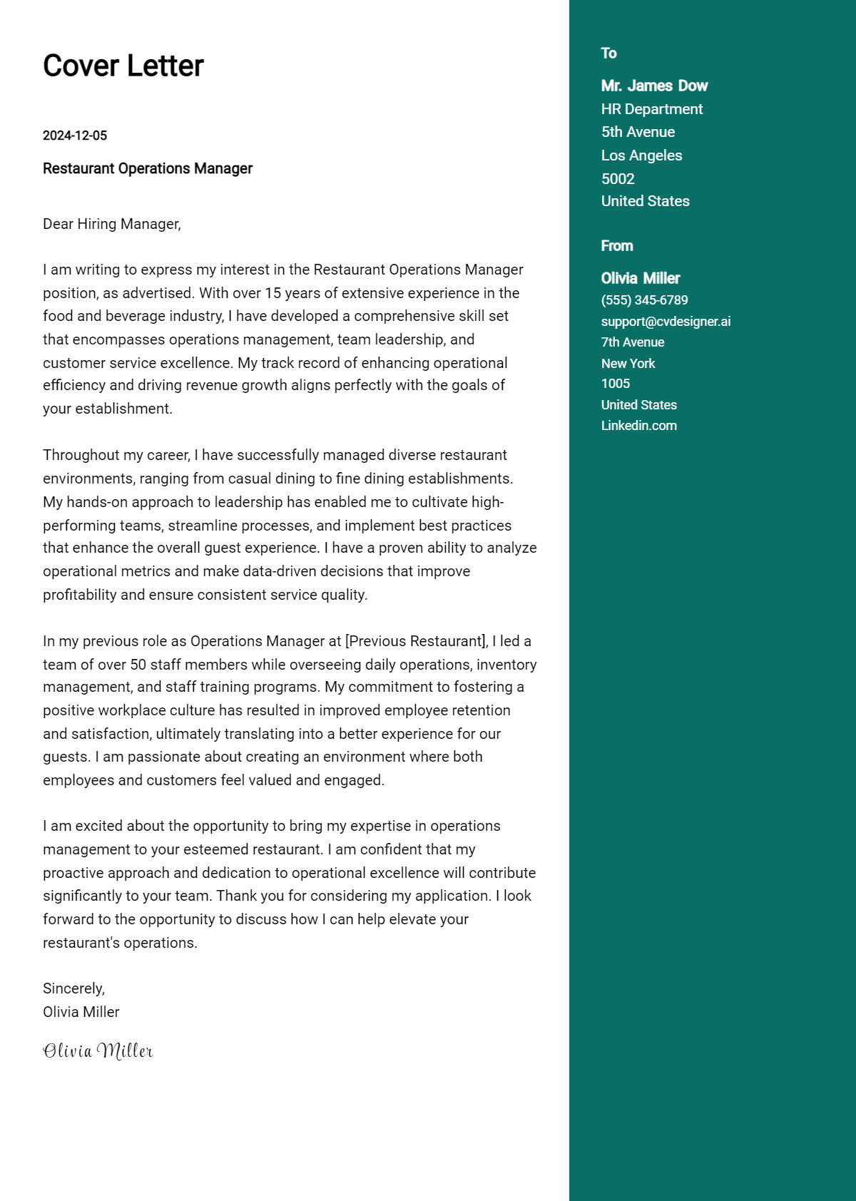 restaurant operations manager cover letter example