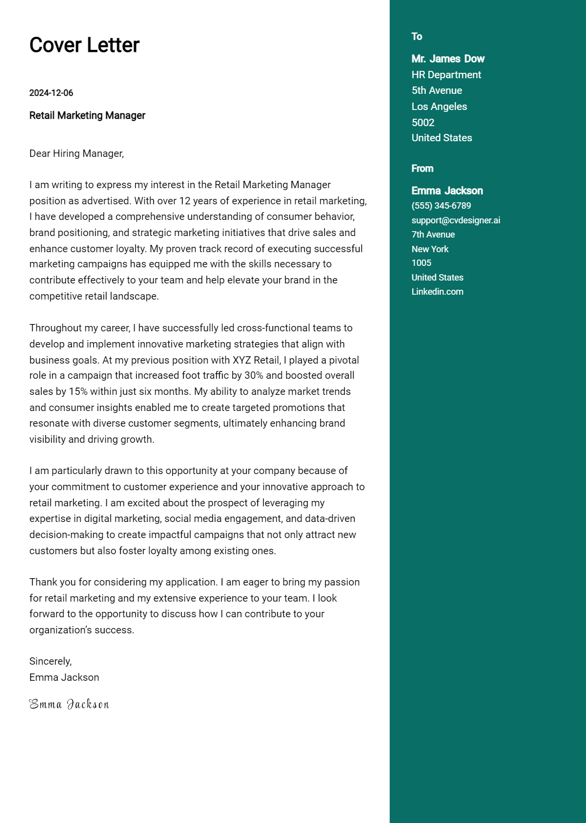 retail marketing manager cover letter example