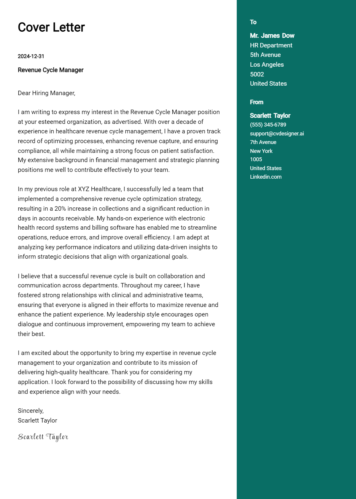 revenue cycle manager cover letter example