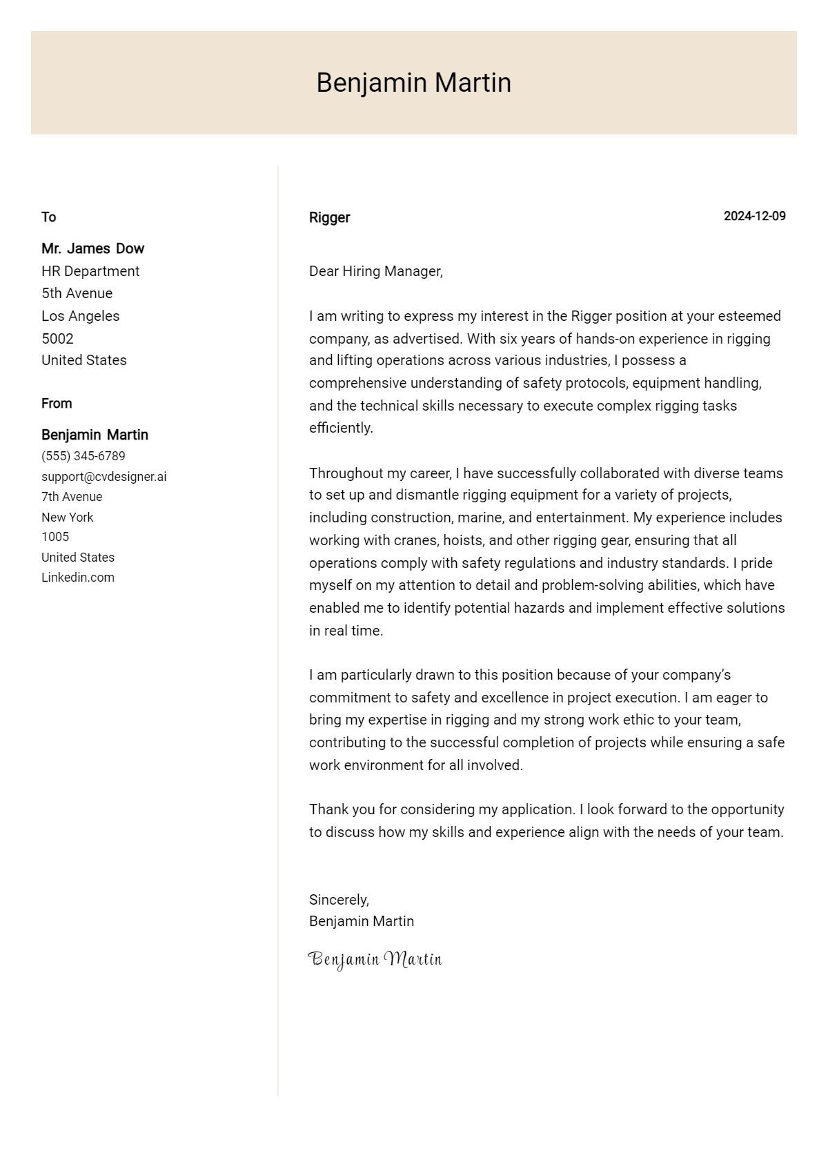 rigger cover letter example