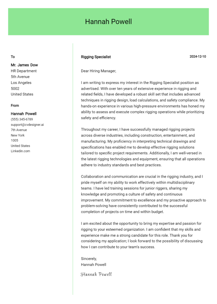 rigging specialist cover letter example