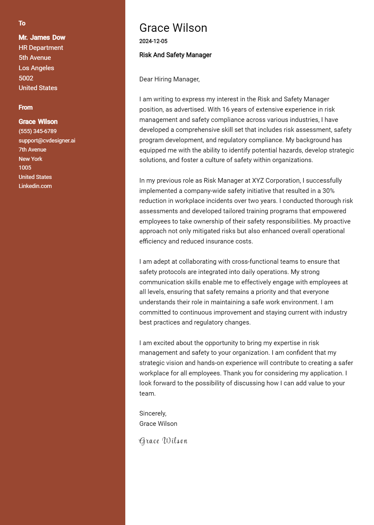 risk and safety manager cover letter example