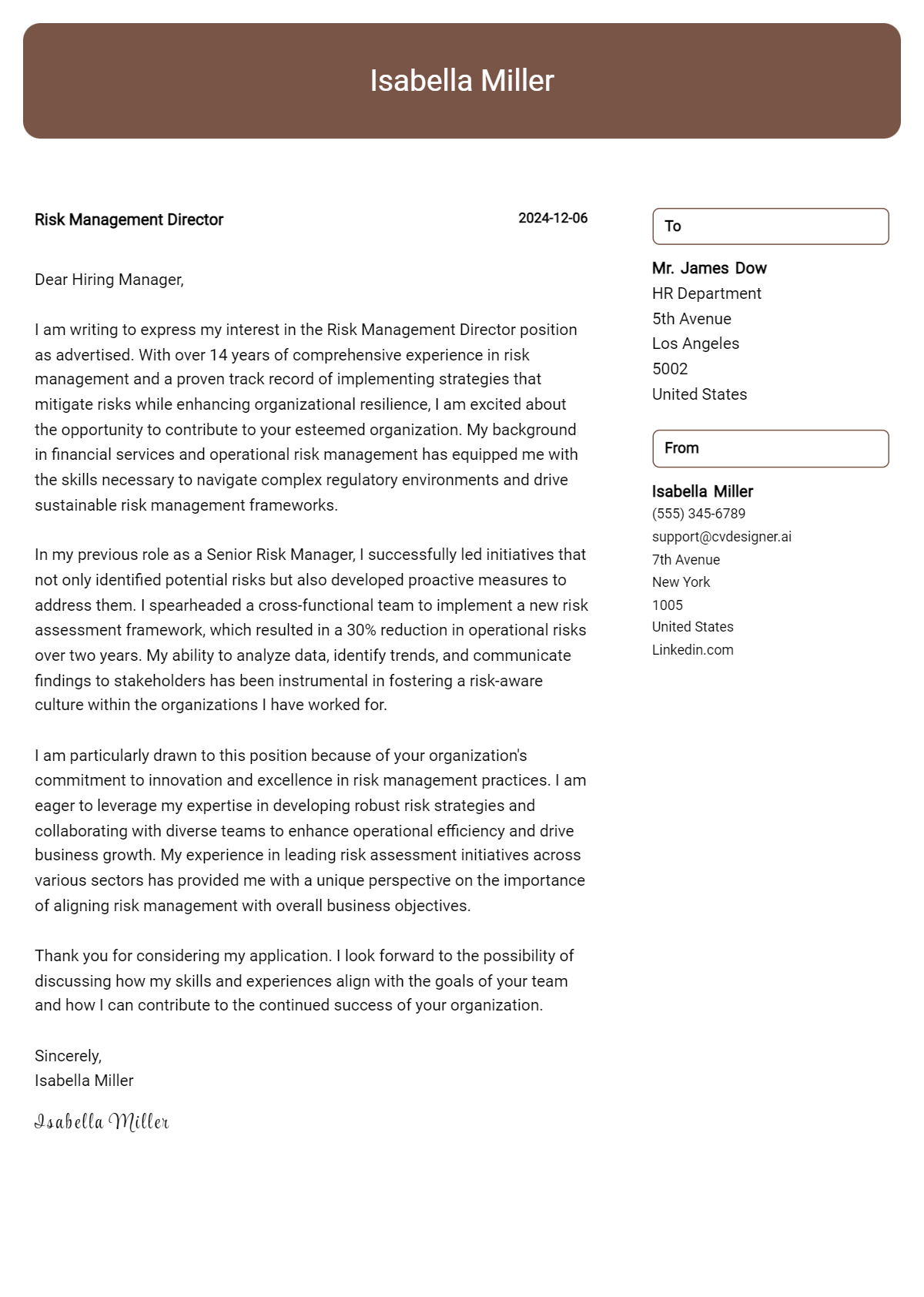 risk management director cover letter example