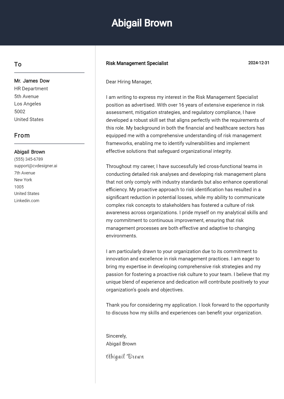 risk management specialist cover letter example