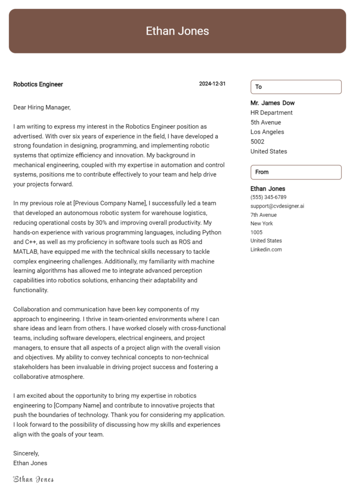 robotics engineer cover letter example