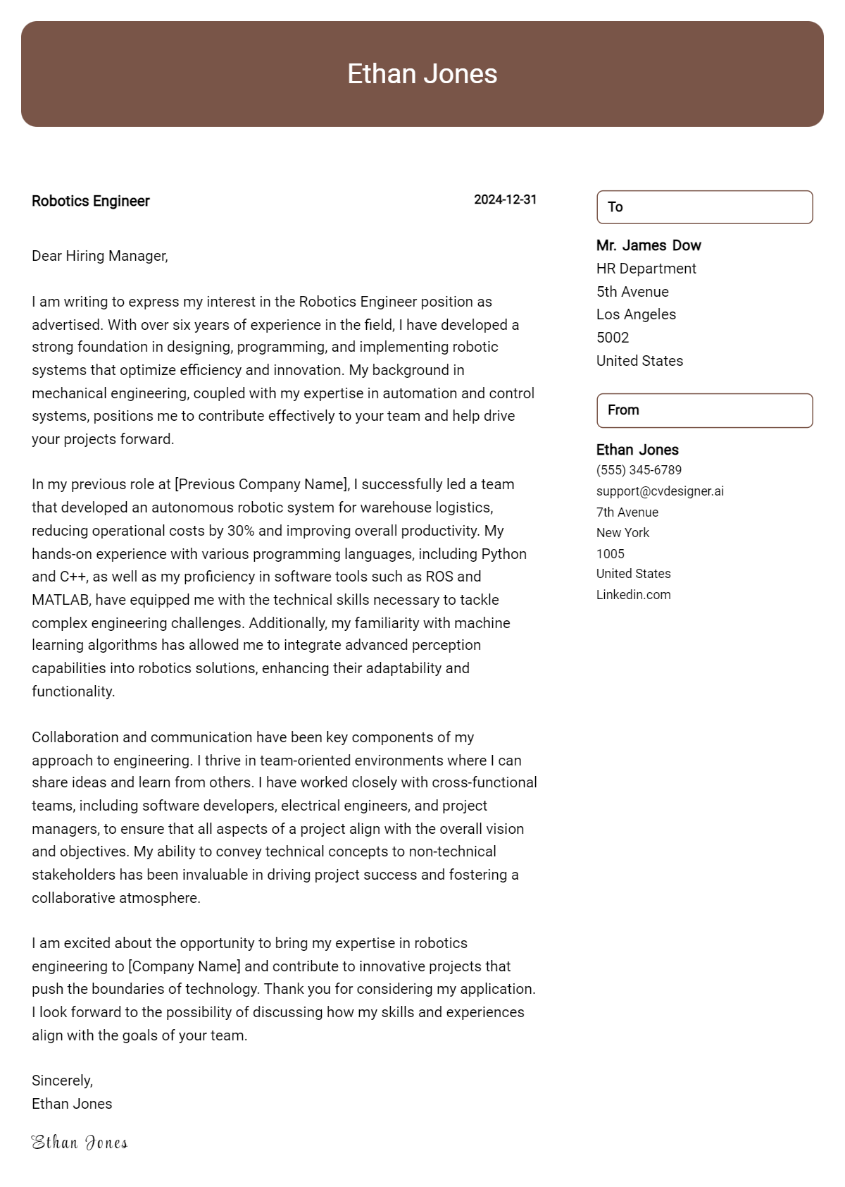 robotics engineer cover letter example