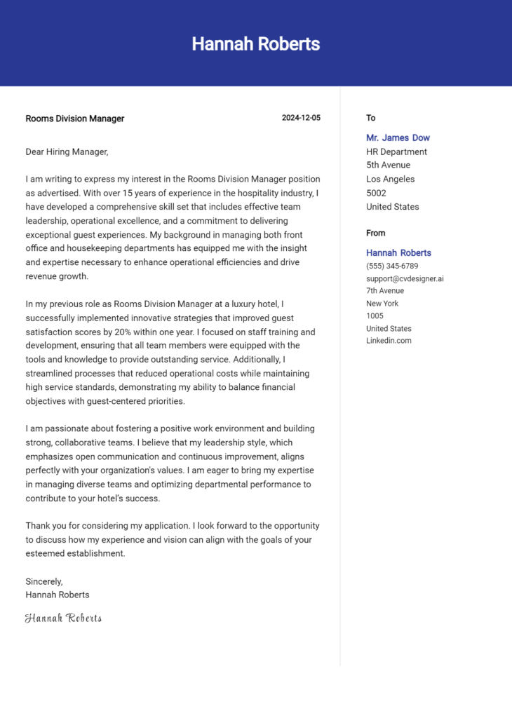 rooms division manager cover letter example