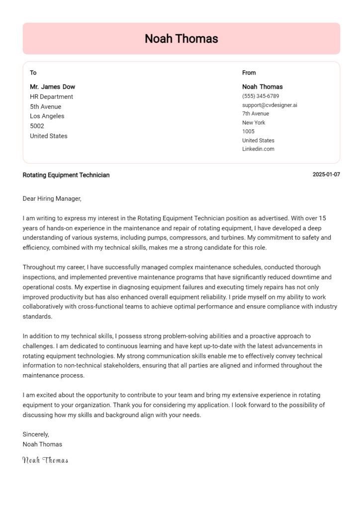 rotating equipment technician cover letter example