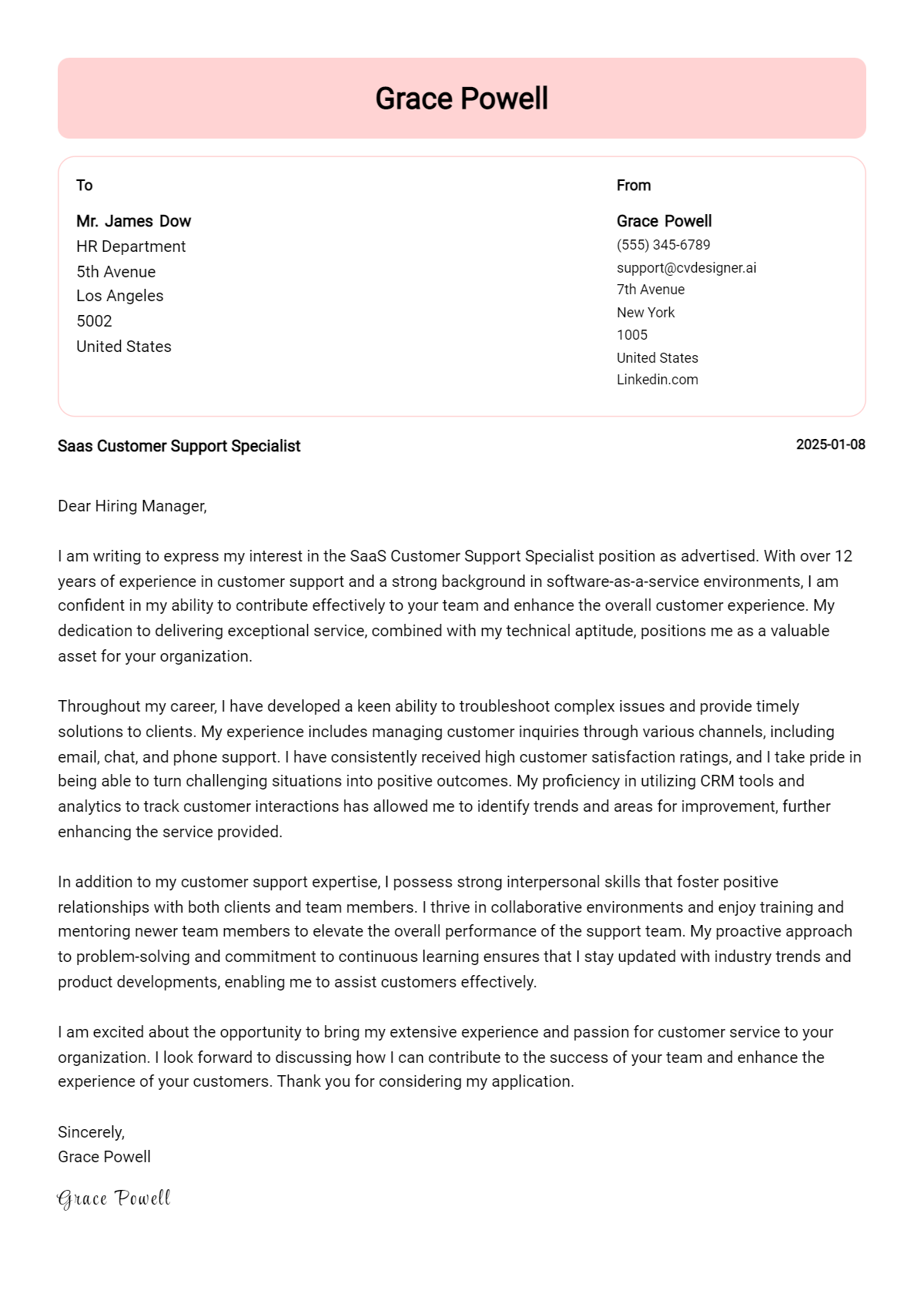 saas customer support specialist cover letter example