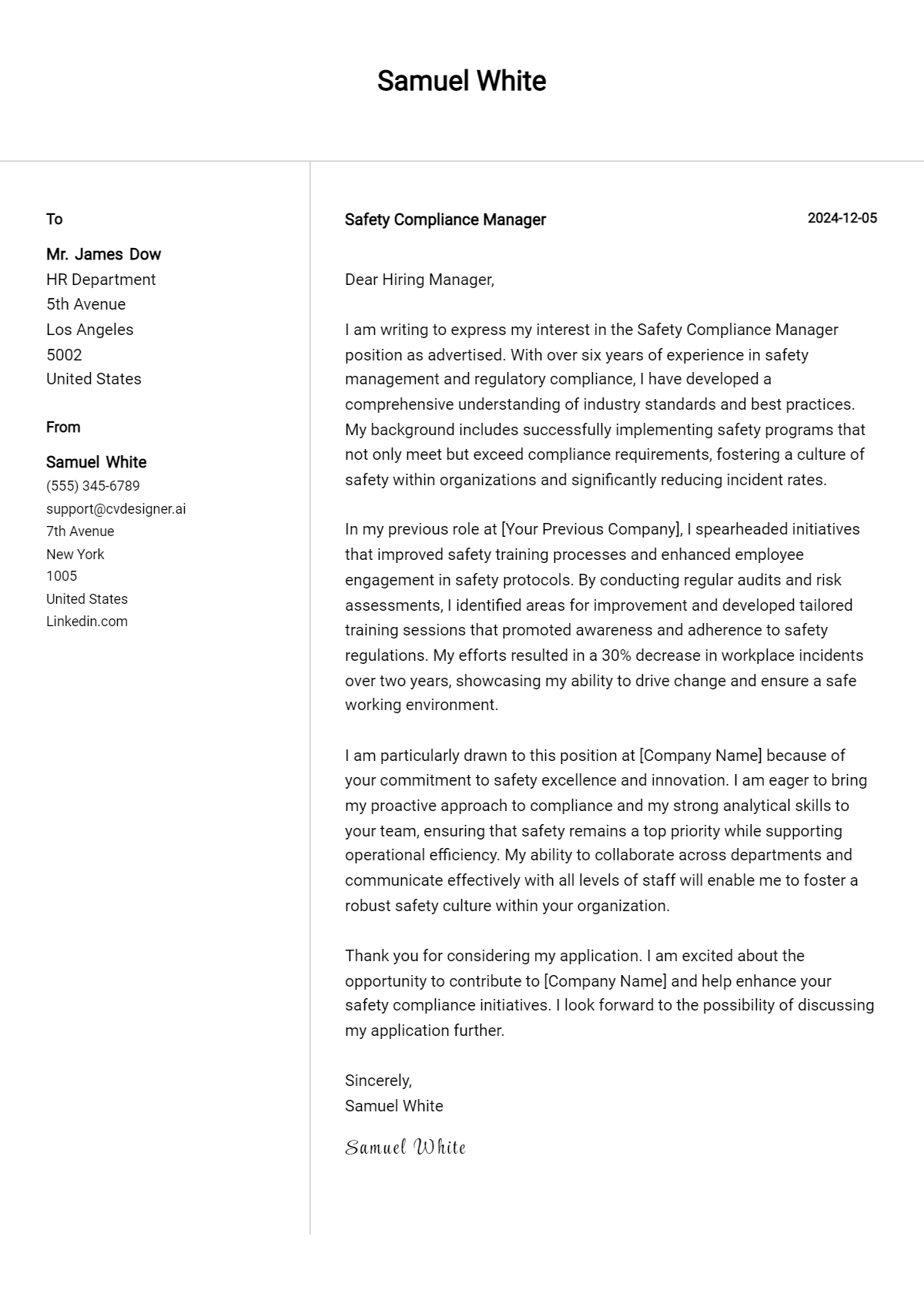 safety compliance manager cover letter example