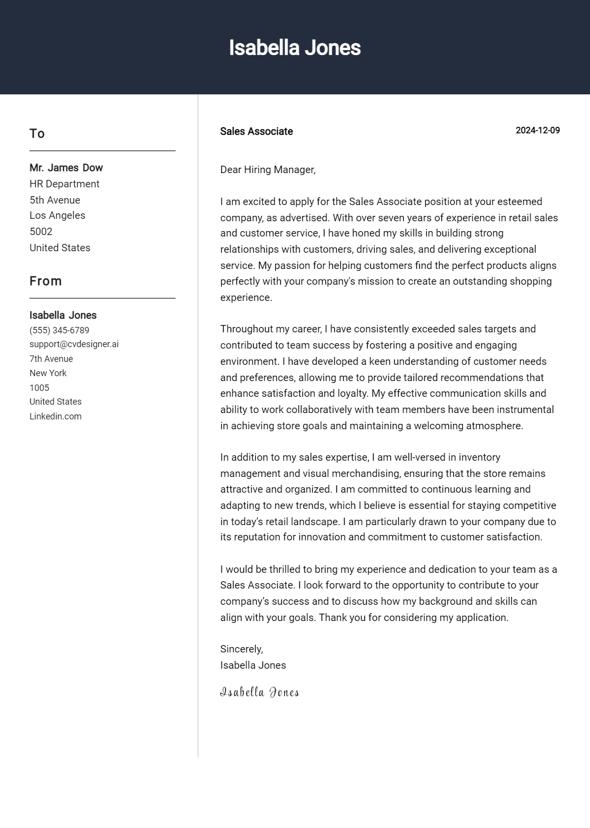 sales associate cover letter example