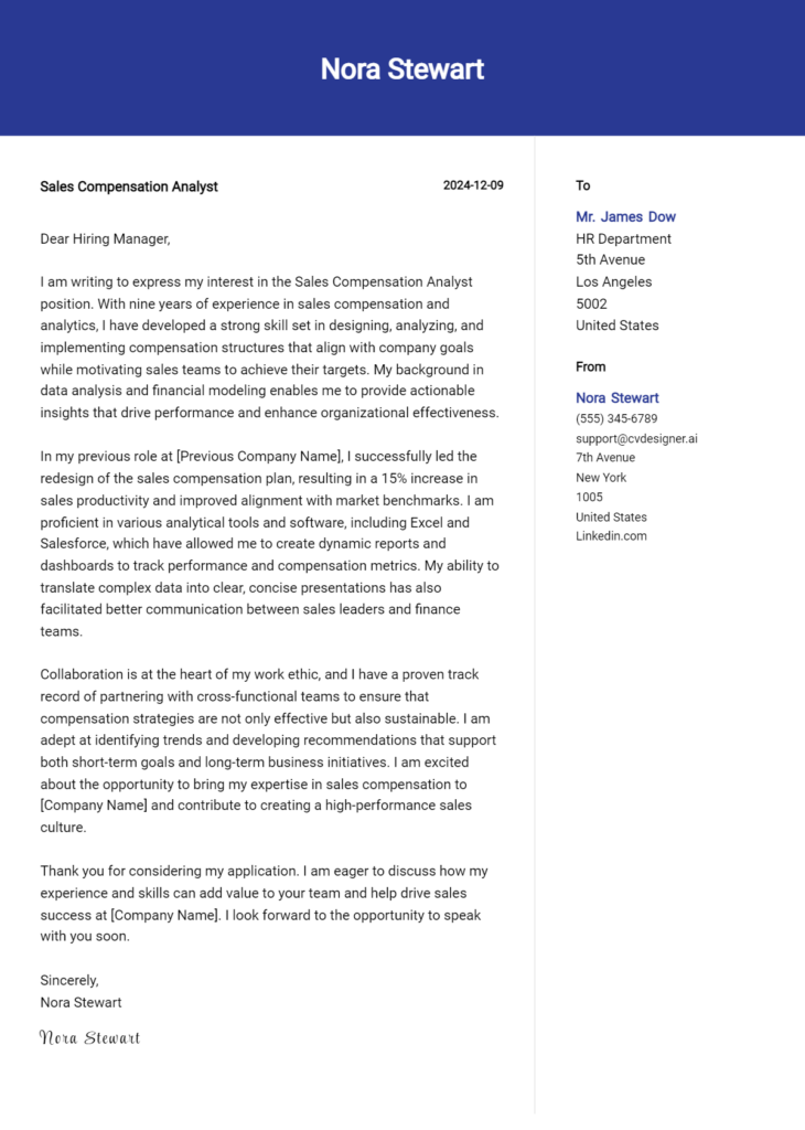 sales compensation analyst cover letter example