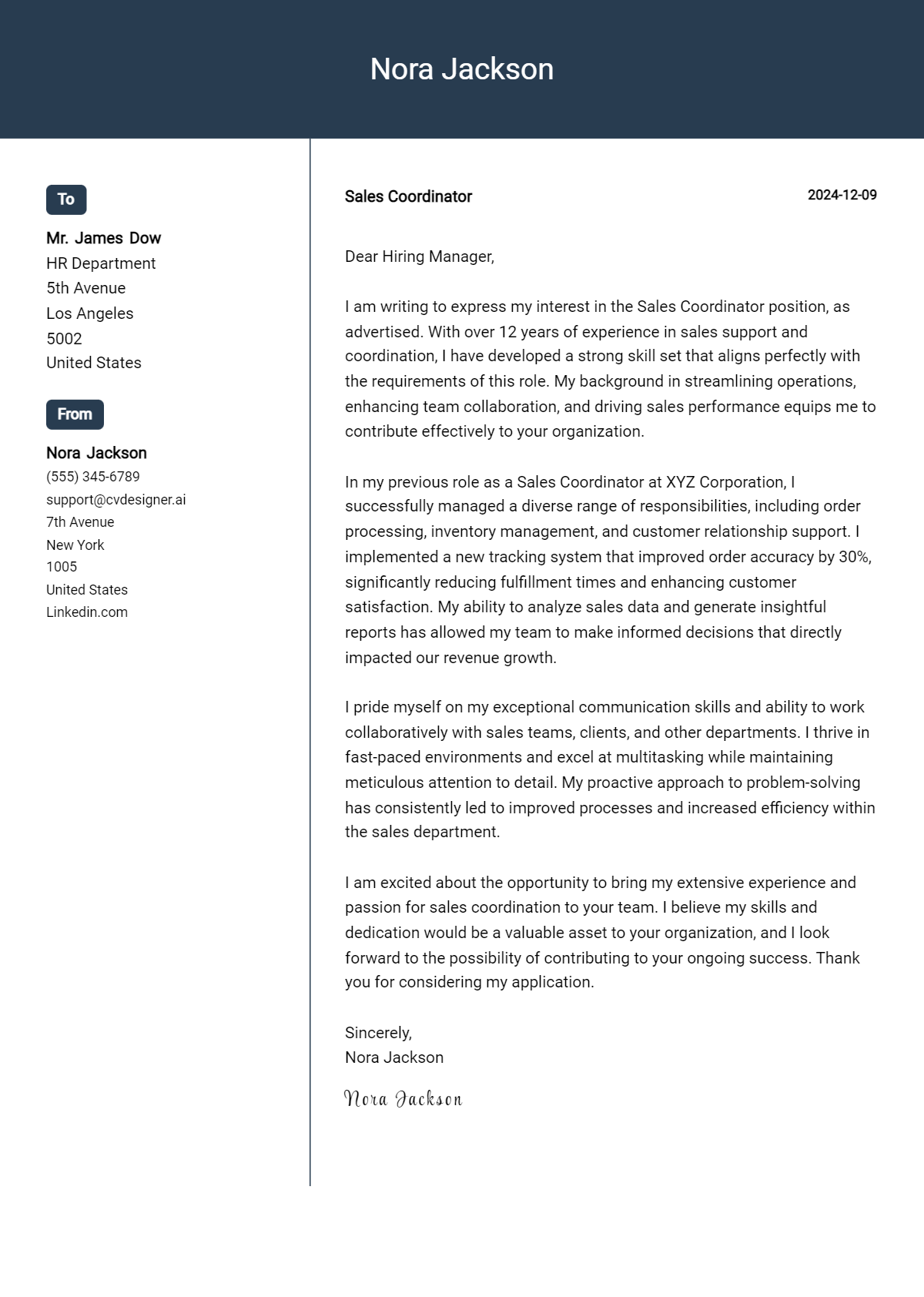 sales coordinator cover letter example