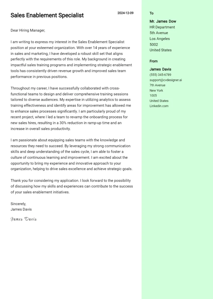 sales enablement specialist cover letter example