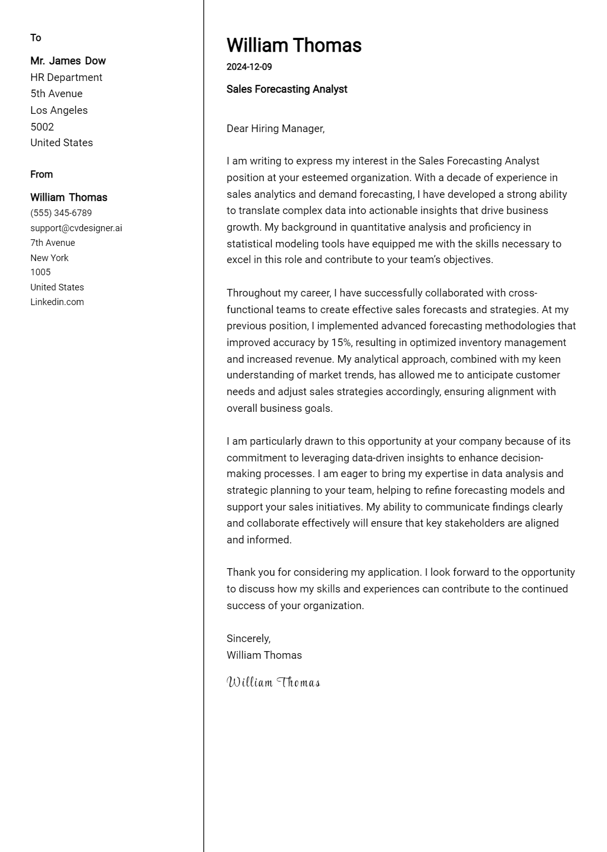 sales forecasting analyst cover letter example