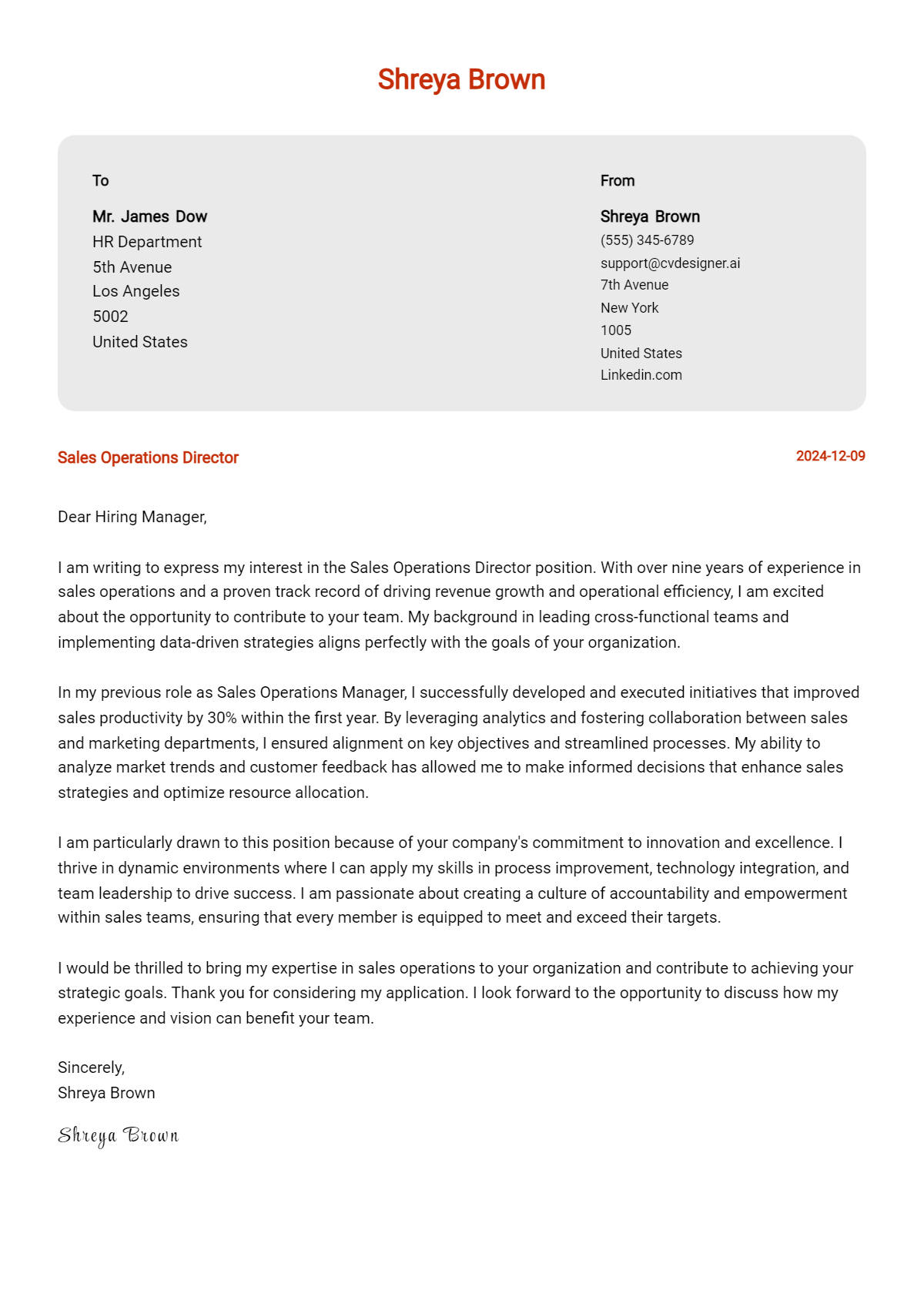 sales operations director cover letter example